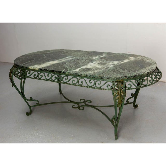 French Green Oval Marble Top & Wrought Iron Coffee Table, 1960 For Sale - Image 4 of 17