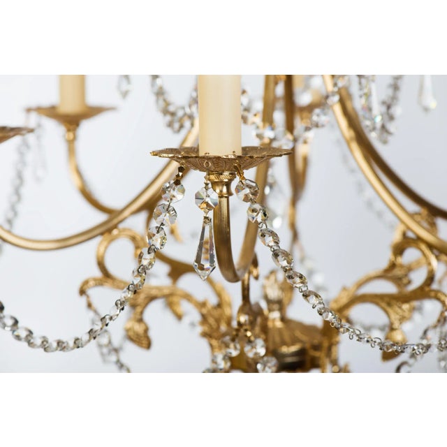 1970s Spanish Hollywood Regency Brass 6-Light Chandelier With Crystals For Sale - Image 6 of 13