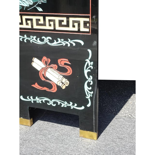 Vintage Oriental Asian Blue Coromandel Four Panel Screen Room Divider W Swans #2 For Sale - Image 11 of 12