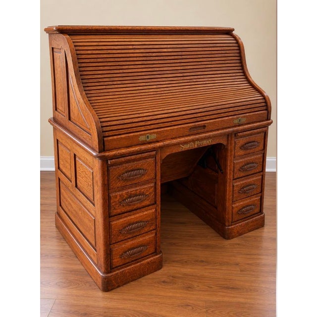 Very Special Antique Smith Premier Roll Top Desk | Quarter Sawn Oak Typewriter Desk | Victorian Office Furniture For Sale - Image 15 of 17