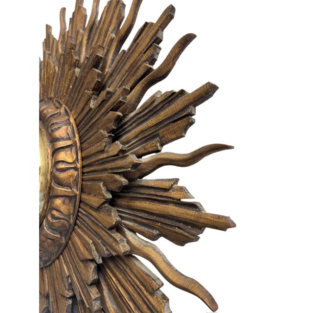 Wood Convex Carved Polychrome Painted Wooden Sunburst Mirror with Double Layer Rays, 1930s For Sale - Image 7 of 16