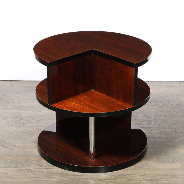 Wood Art Deco Machine Age 3-Tier Walnut Occasional Table With Chrome Rod Supports For Sale - Image 7 of 15