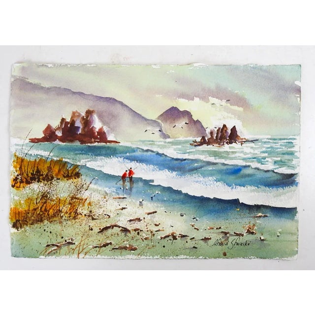Rustic Mid 20th Century Coastal Fishermen Beach Watercolor Painting For Sale - Image 3 of 3