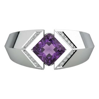 Square-Cut Amethyst Architectural Silver Cocktail Ring, Size 7.5 For Sale
