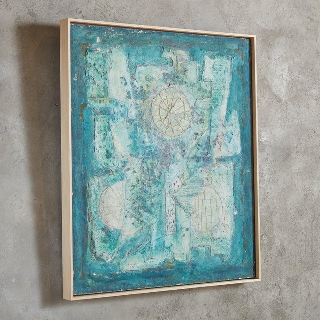 An acrylic painting on wood by Italian artist Alessandro Bonato, 1970s. This richly textured painting features hues of...