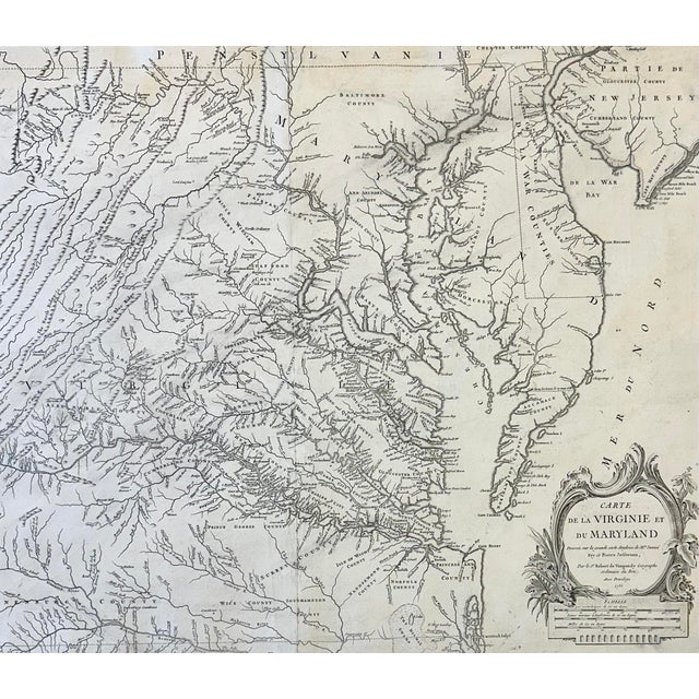 1755 Fry & Jefferson Map of Virginia and Maryland — “Carte De La Virginie Et Du Maryland” (Thomas Jefferson’s Father as Surveyor) For Sale - Image 4 of 8
