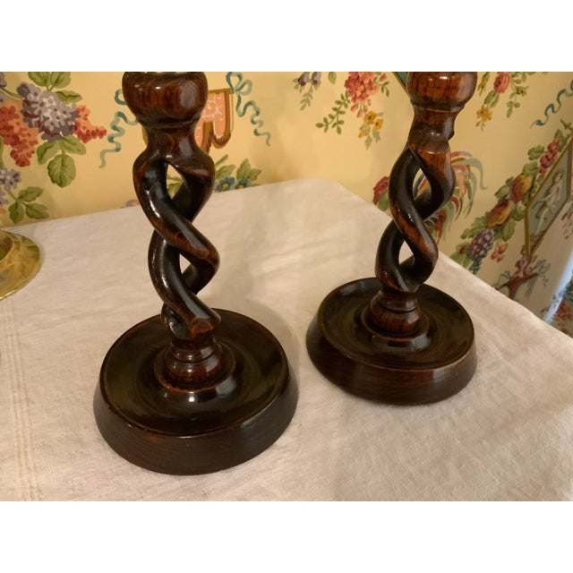 English Victorian Oak & Brass Open Barley Twist Candlesticks Pair For Sale In Boise - Image 6 of 12