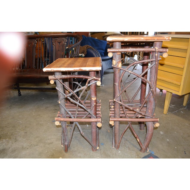 Wood 1980s Pair Adirondack Style Hand Crafted Twig Log Wood Plant Stands or End Tables For Sale - Image 7 of 17
