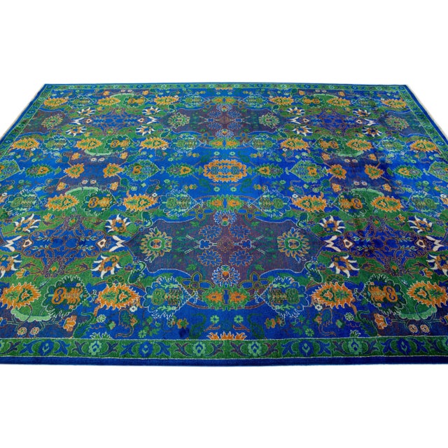2010s 2010s Contemporary Transitional Handmade Wool Rug With Blue and Green Floral Pattern For Sale - Image 5 of 7