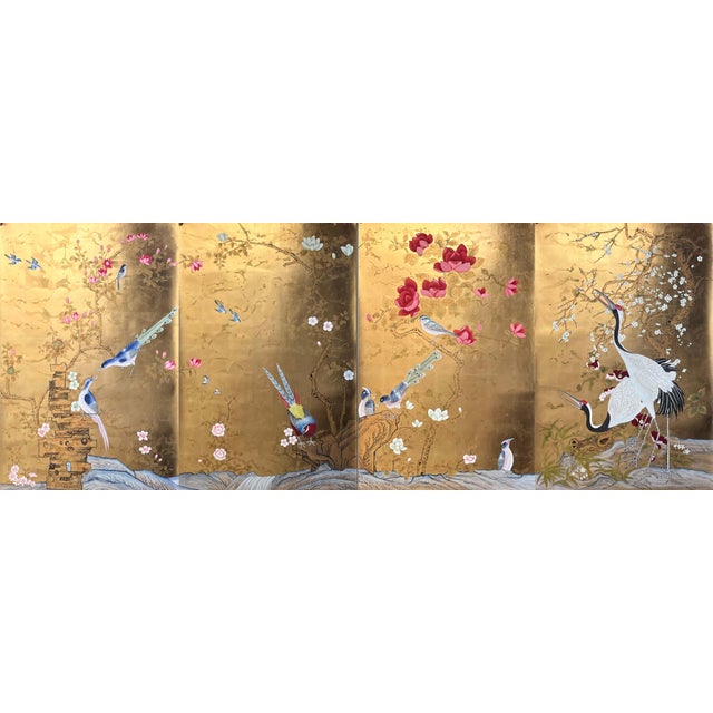 Japanese Garden Hand Painted Wallpaper on Gold Panel - 4 Panels For Sale - Image 4 of 4