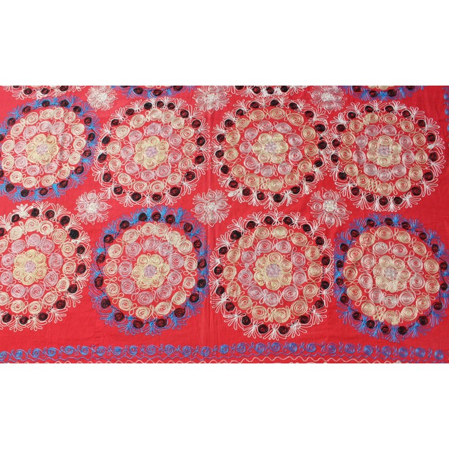 Unusually Large Silk Embroidery Suzani With Soft Red & Beautiful Vivid Colors For Sale - Image 11 of 13