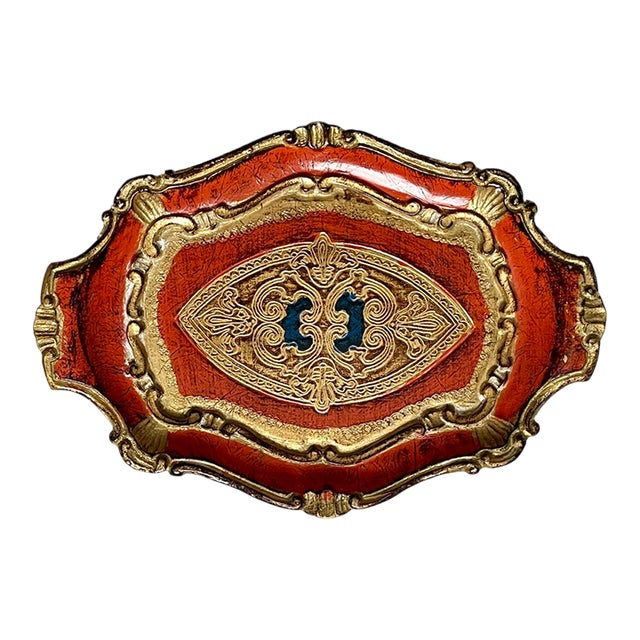 Vintage Orange & Gold Florentine Style Wooden Tray For Sale