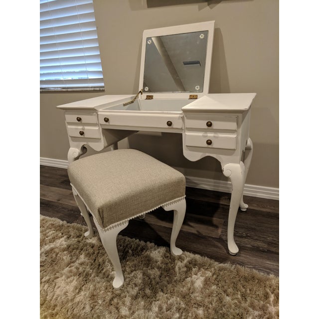 1940s French Country Makeup Vanity Desk With Pearl Accented Chair