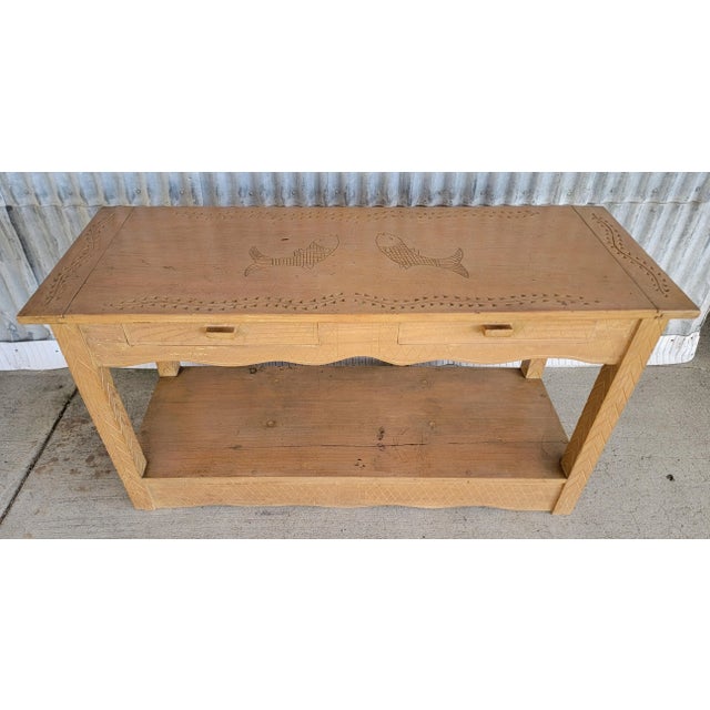 Unique hand-carved and hand-made Rancho, Monterey style console or sofa table. Made in Mexico, circa. 1940's. Features two...