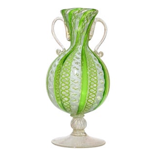Vintage Murano Venetian Style Green White Gold Flecks Italian Art Glass Footed Double Handles Flower Vase For Sale
