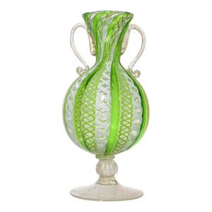 Vintage Murano Venetian Style Green White Gold Flecks Italian Art Glass Footed Double Handles Flower Vase