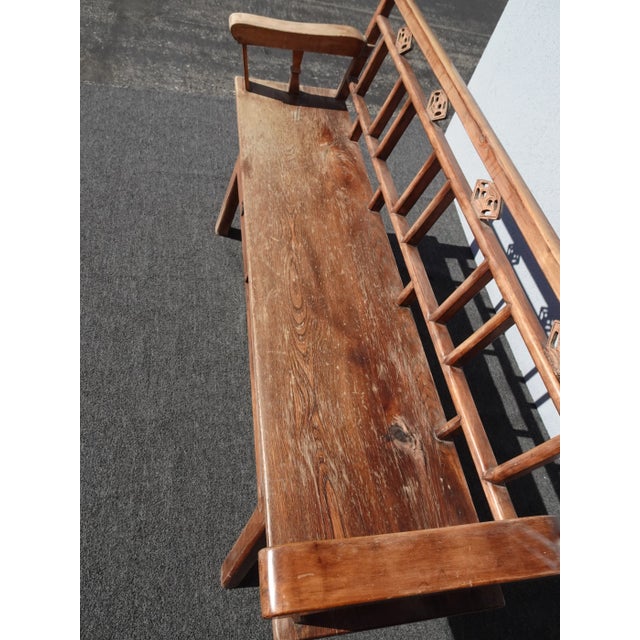 1980s Vintage Rustic Chinoiserie Teak Bench W Two Drawers For Sale - Image 5 of 17