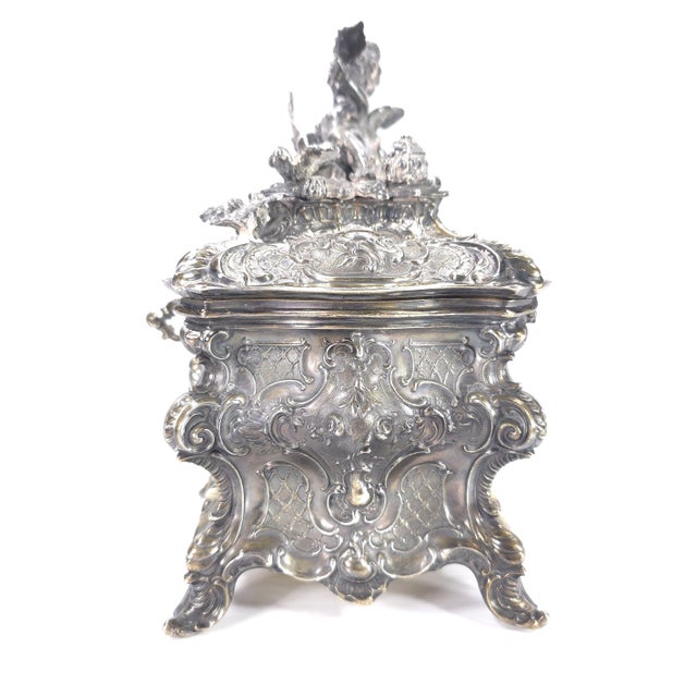 Mid 19th Century Gilded Age European Silver Rococo Jewelry Casket Topped With Angel Admiring Herself For Sale - Image 5 of 15