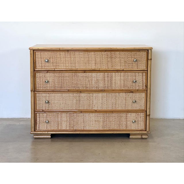 1970s bamboo and wicker chest of drawers with brass handles