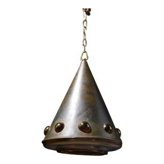 Mid 20th Century Danish Hand Blown Amber Glass & Metal Pendant For Sale