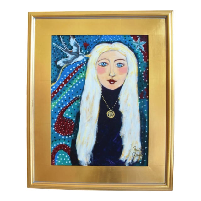 French Blue-Eyed Mademoiselle W/ Long Blonde Hair and Bird Painting Including the Antiqued Gold Wood Frame For Sale