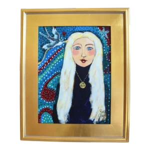 French Blue-Eyed Mademoiselle W/ Long Blonde Hair and Bird Painting Including the Antiqued Gold Wood Frame