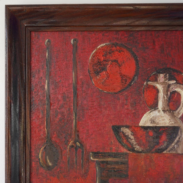 Mid to late 20th Century oil on board original still life painting. A striking and bold primitive still life rendered in...