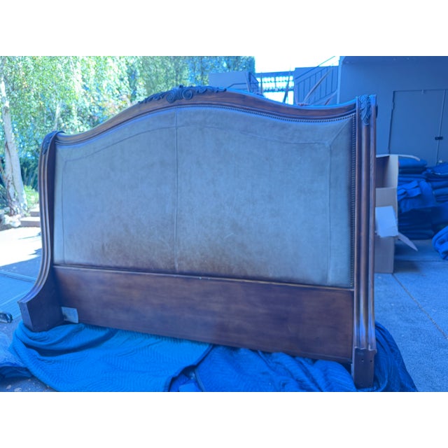 Wood Attributed Kreiss Collection King Sleigh Bed Frame – Solid Wood, Leather, Nailhead Trim For Sale - Image 7 of 8