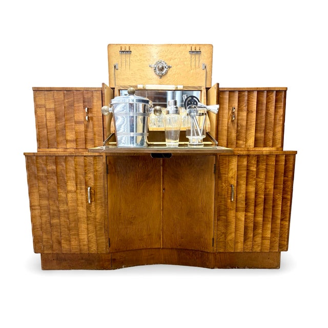 1930’s Art Deco Fluted Burr Walnut Cocktail Bar Server For Sale - Image 11 of 12