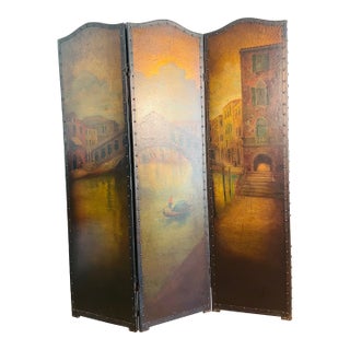 Antique Italian Ponte Rialto Handpainted Parchment Leather Floor Screen For Sale