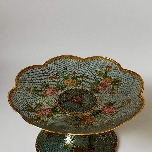 Vintage Cloisonné Enamel Pierced Fruit Stand / Compote – Eggshell Technique, Gilded Floral Motif For Sale - Image 4 of 9