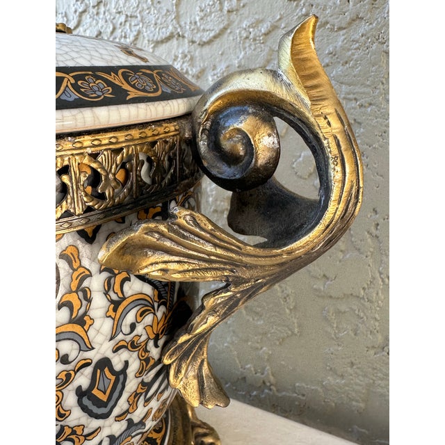Metal Vintage Early-Mid 20th Century Hand Painted White, Blue & Gold Porcelain and Brass Urn With Lid For Sale - Image 7 of 12