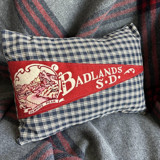 Cabin South Dakota Badlands Vintage Red Pennant on New Woven Plaid Pillow For Sale - Image 3 of 4