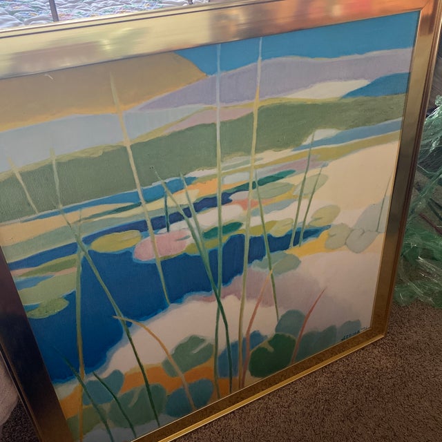 1970s Lily Pond in Summer Created by Japanese American Artist Tadashi Asoma For Sale - Image 4 of 9