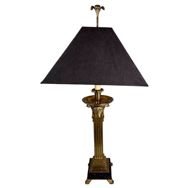 1991 Neoclassical Solid Brass & Black Marble Column Table Lamp by Chapman W/ Frederick Cooper Paisley Damask Shade - 35" For Sale - Image 16 of 17