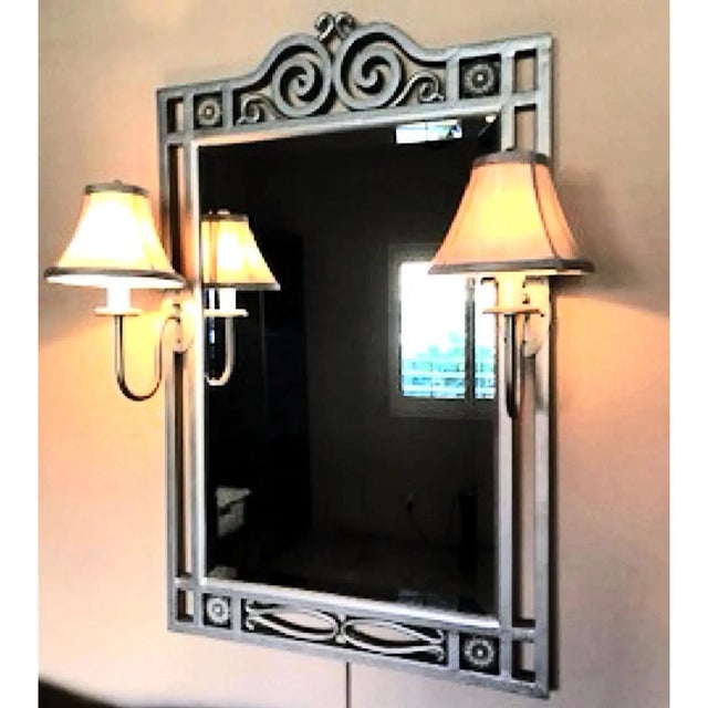 Early 21st Century 1990s Silver Gray Wrought Iron Framed Wall Mirror With Attached Flanking Sconces For Sale - Image 5 of 9