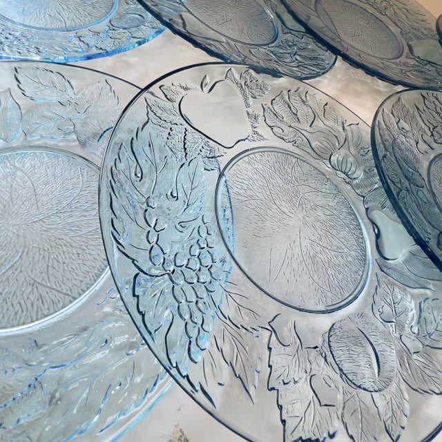 Glass Kig Vintage 10.5" Blue Pressed Glass Grapes and Leaves Tableware Dinner Plates, Set of 7 For Sale - Image 7 of 11