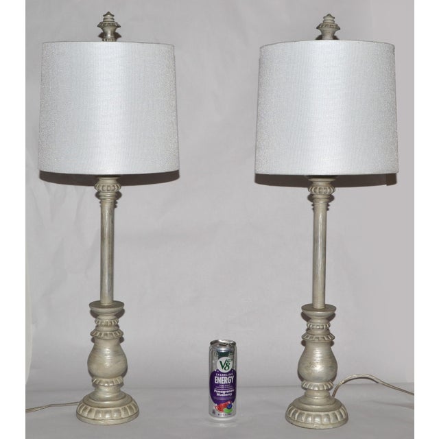 Wood Mid Century Modern Silver Florentine Italian Painted Candlestick Lamps With Linen Shades - a Pair For Sale - Image 7 of 15