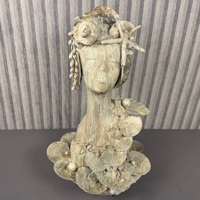 Fabulous life sized white female bust sculpture encrusted in real sea shells! A unique art piece made in the early 2000s...