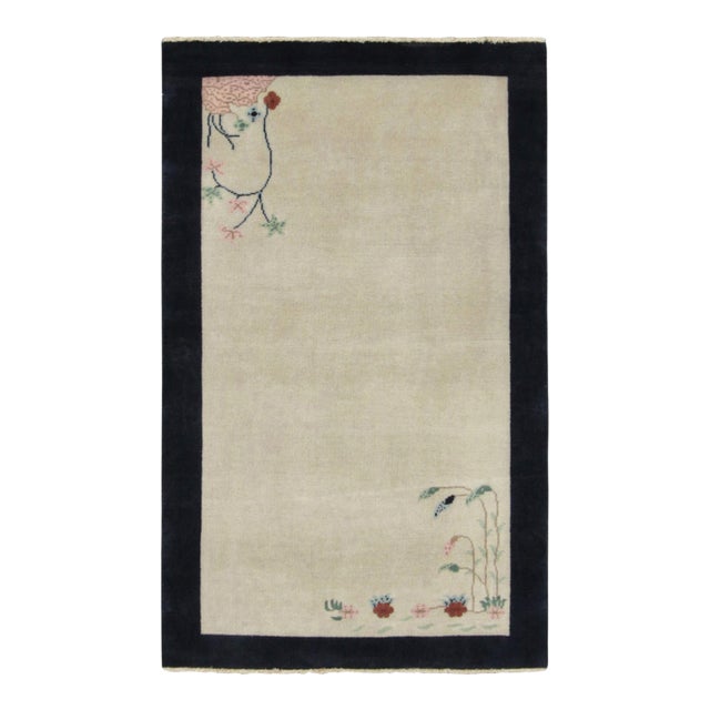 Rug & Kilim’s Chinese Art Deco Rug in Beige With Black Border For Sale