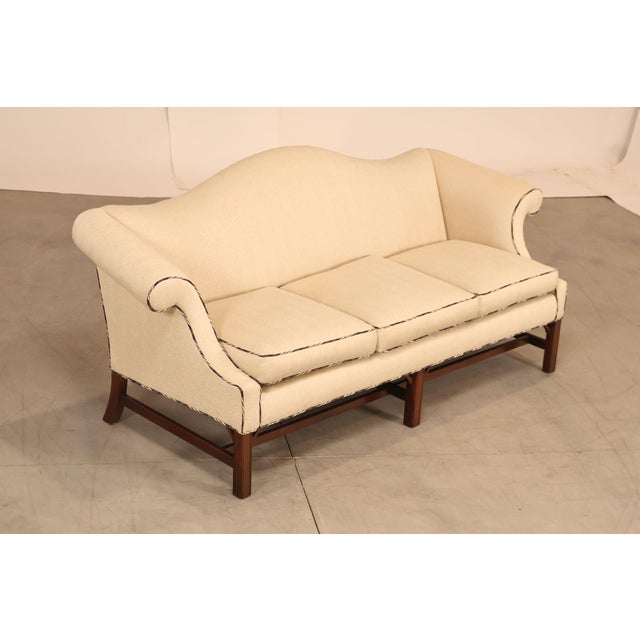 High Quality American Made Upholstered Sofa By Ethan Allen Featuring A Chippendale Style Frame With Rolled Arms, Camelback...