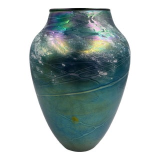 Iridescent Studio Art Glass Hand-Blown Vase Signed by Tom Stoenner For Sale