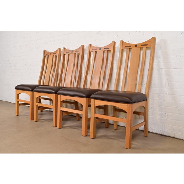 Mission Stickley Style Mission Oak Arts & Crafts High Back Dining Chairs, Set of Four For Sale - Image 3 of 12