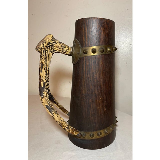 Antique 1800's Handmade German Carved Wood Stag Horn Brass Stein Tankard Pitcher For Sale - Image 4 of 10
