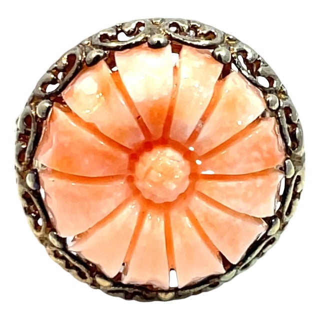 Mid 20th Century 14k Yellow Gold Carved Light Orange Coral Ring, Size 8 For Sale