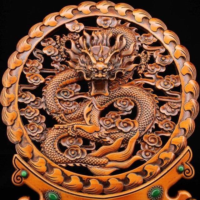 Vintage Chinese Boxwood Dragon Screen | Hand-Carved Table Screen With Gemstone Inlay For Sale - Image 4 of 9