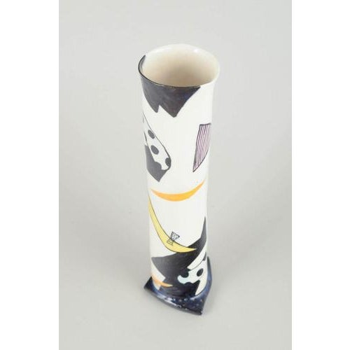 Marianne Hallberg Vase, 1980s. Handmade triangular studio vase in white-glazed stoneware with graphic, decoration in blue,...