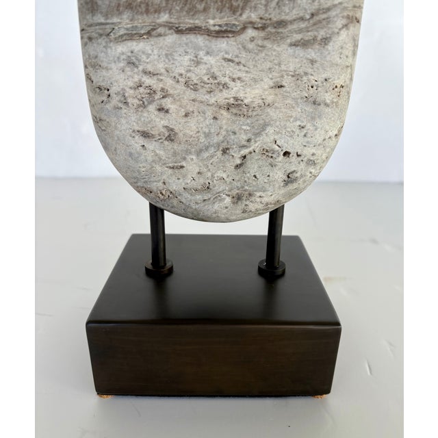 Contemporary Revelation Organic Modern Carved Gray Travertine Ancient Lore Sculpture For Sale - Image 3 of 4
