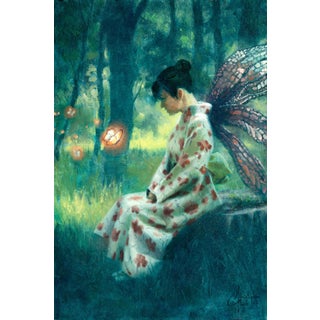 Saying Hello by Christopher Clark | Oil on wood panel Girl in a floral kimono with butterfly wings. For Sale