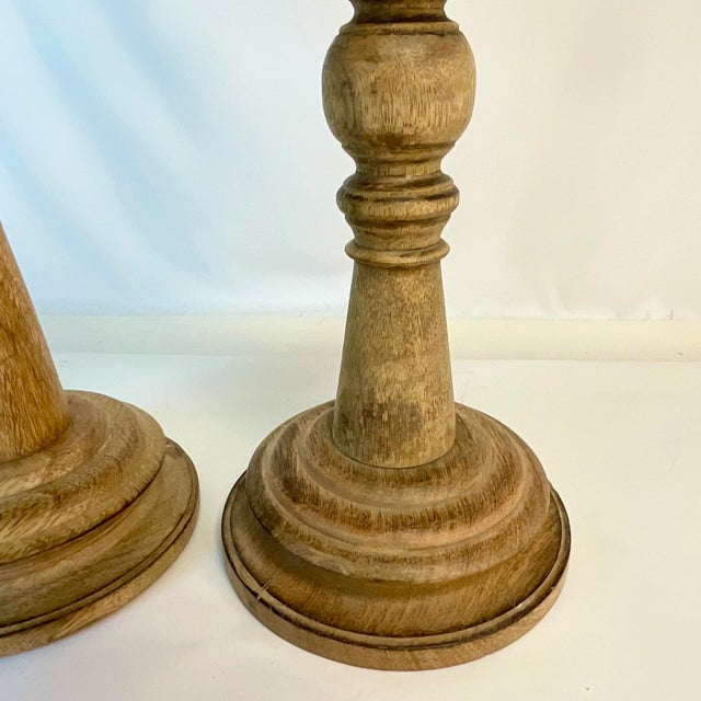 Vintage Italian Rustic European Ceruse Wood Pillar Candle Holders - Set of 2. For Sale - Image 6 of 12